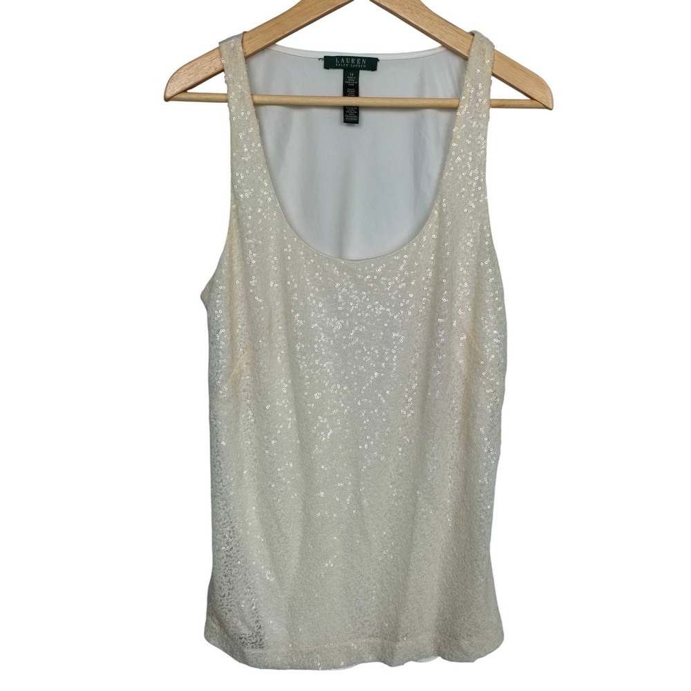 Lauren Ralph Lauren Ivory Sequin Scoop Neck Tank Top Festive Party Glam Size 14